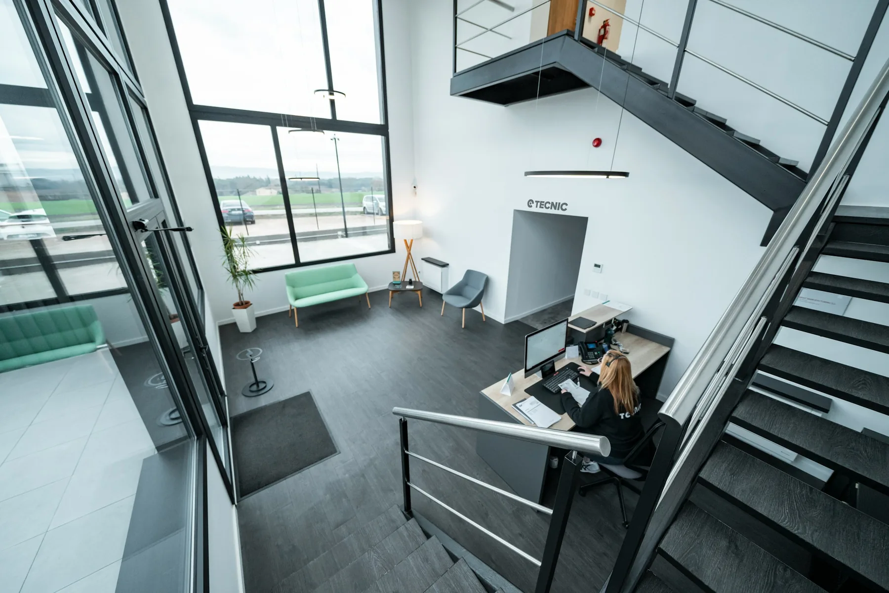 The reception desk of a modern office building