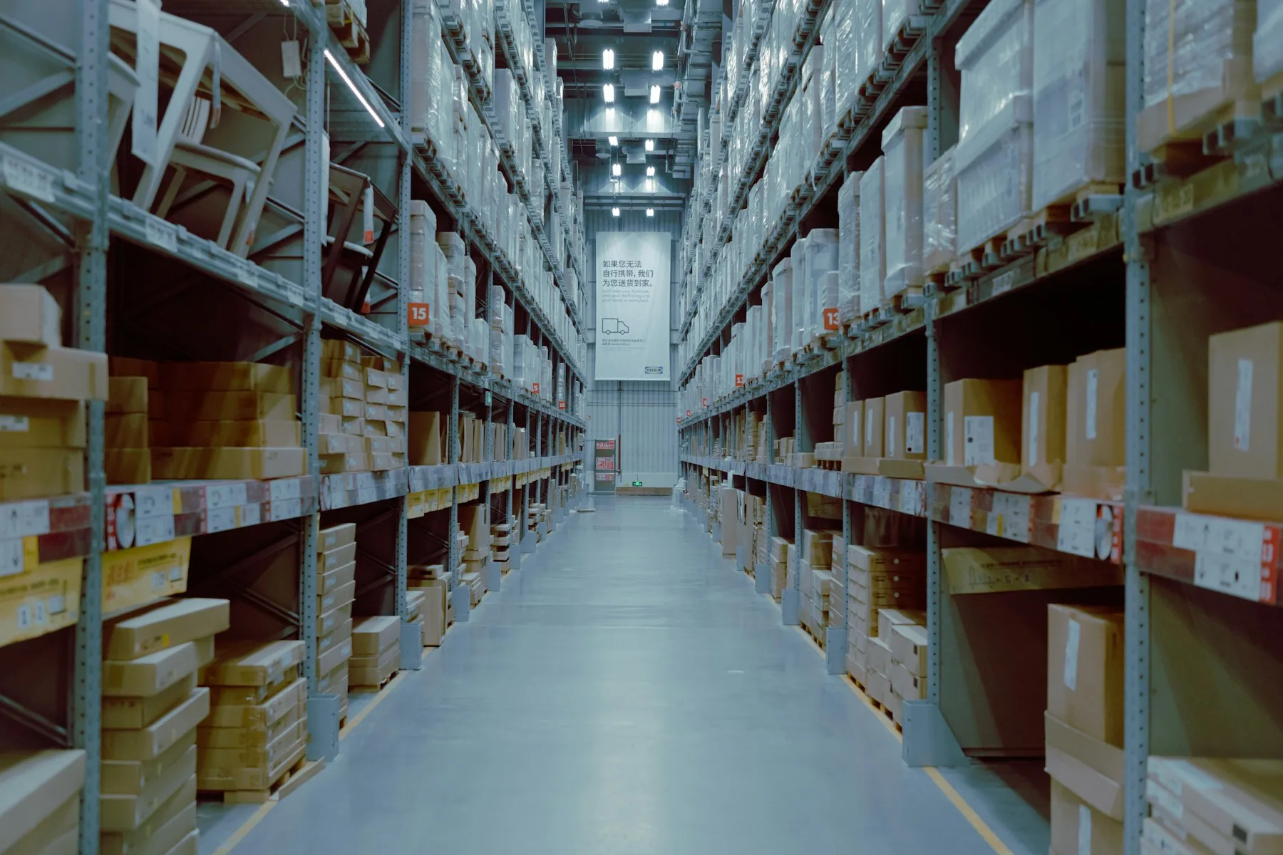 Racked aisles in a distribution warehouse