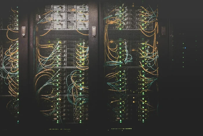 Network cables running into a server rack