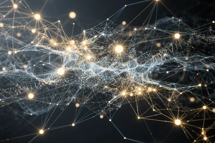 Points of gold light joined in a network on a dark ground