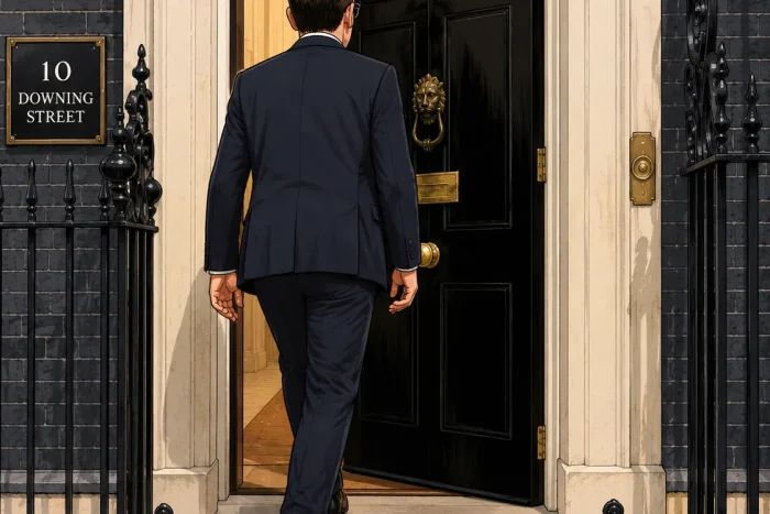 A man in a suit walking through the door of 10 Downing Street