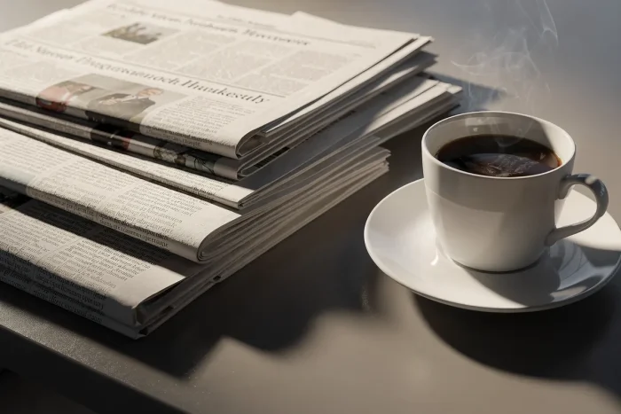 A stack of newspapers beside a cup of coffee